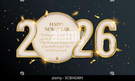 2026 Happy New Year realistische 3D-Zahl Golden Text Banner Frame BackgroundKonfetti Grußeinladung Luxus Vektorkarte Stock Vektor