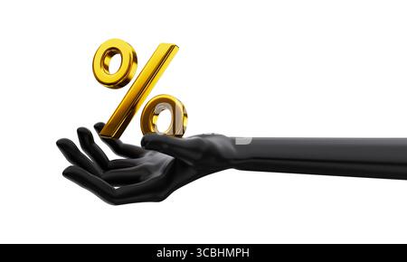 Schwarze Hand hält Rabatt goldener Prozent. Black Friday und Sale Event Konzept. 3D-Rendering. Stockfoto