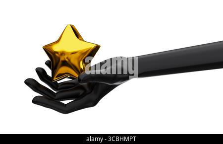 Schwarze Hand mit goldener Bewertung oder Lesezeichen. Black Friday und Sale Event Konzept. 3D-Rendering. Stockfoto