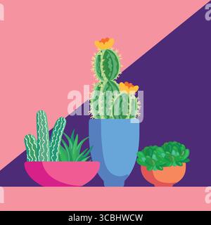 Helle Kakteen-Illustration mit geometrischem Hintergrund. Stilvolle Pflanze in lebendigem Topf, perfekt für verspielte Designs. Stock Vektor