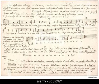 Um 1772–1779 Manuskript mit dem Titel an African Song or Chant from Barbados, transkribiert von Granville Sharp nach der Darstellung von William Dickson. Enthält eine Notation und Texte, die von versklavten Afrikanern während der Geburt gesungen wurden, mit erläuternden Notizen und kulturellem Kontext. Stockfoto