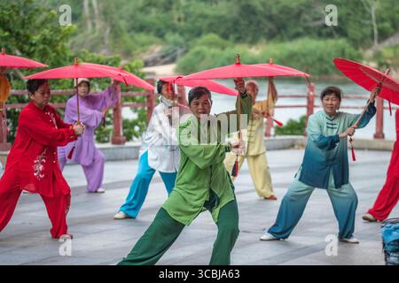 Peking, Chinas Provinz Hainan. August 2025. Amateure nehmen am 8. August 2025 in einem Park in Qionghai, südchinesischer Provinz Hainan, Sport. Da das Land diesen Freitag den nationalen Fitness-Tag begeht, ein Erbe der Olympischen Spiele 2008 in Peking, nehmen immer mehr Menschen einen aktiven Lebensstil auf. Quelle: Meng Zhongde/Xinhua/Alamy Live News Stockfoto