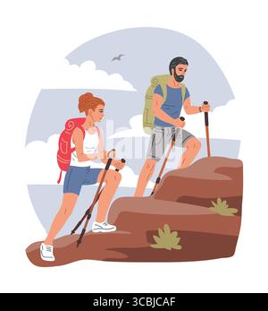 Flache Vektor-Illustration eines Paares, das in den Bergen wandert Stock Vektor