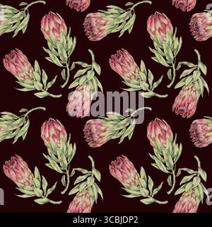 Nahtloses Aquarellmuster mit rosa Protea-Blüten und grünen Blättern im botanischen Stil. Perfekt für Stoffdesign, Tapeten, umweltfreundliche Verpackung, Schreibwaren, Hochzeitsdekor, und natürlich kosmetisches Branding. Stockfoto