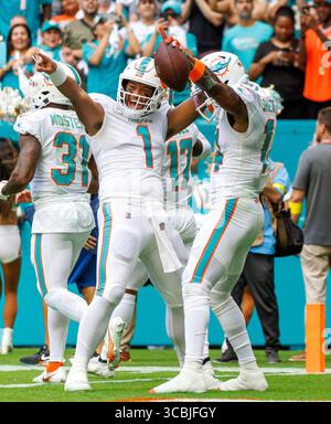 13. November 2022: Der Miami Dolphins Wide Receiver Trent Sherfield (14) feiert mit seinem Teamkollegen Tua Tagovailoa (1) im zweiten Quartal im Hard Rock Stadium am Sonntag, den 13. November 2022, in Miami Gardens, Florida. (Foto: © David Santiago/Miami Herald via ZUMA Press Wire) Stockfoto