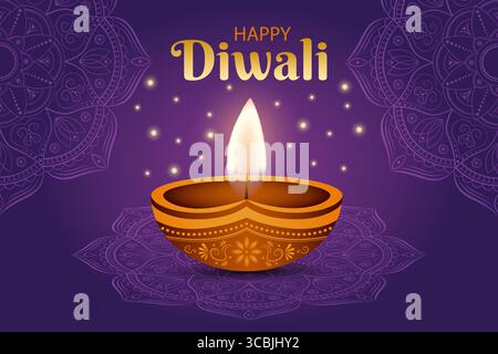 Happy Diwali. Festival of Lights Karte, Banner oder Poster mit Öllampe und Manlalas auf violettem Hintergrund. Vektorabbildung. Stock Vektor