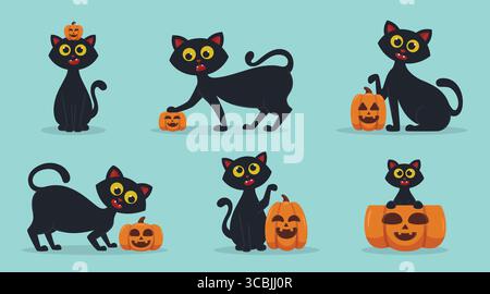 Set aus niedlicher schwarzer Katze mit Halloween-Kürbis. Niedliche Illustrationsbündel von Katze, die mit Kürbis spielt, perfekt für Designelemente Stock Vektor