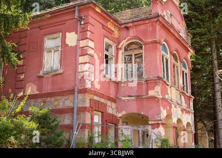 Ruinierte, verlassene, rötliche alte Villa, die von Vegetation bewachsen ist Stockfoto