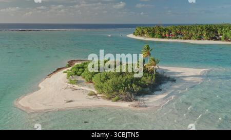 Aus der Vogelperspektive ist eine kleine tropische Insel umgeben von türkisfarbenem Wasser. Üppiges Grün und Palmen prägen die Landschaft, während weiße Sandstrände eine ruhige Küste bilden. Stockfoto