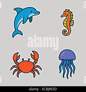 Farbenfrohe Unterwasserwelt-Charaktere mit einem verspielten Delfin, geschwungenem Seepferd, fröhlicher Krabbe und schwimmenden Quallen. Stock Vektor