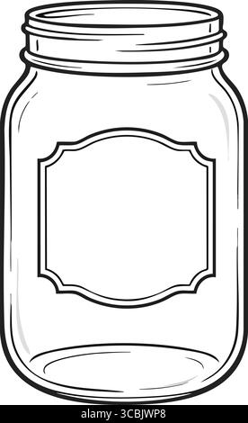 Eine klare schwarze Illustration eines glasmauergefäßes mit gerahmtem leerem Etikett, das für benutzerdefinierten Text bereit ist. Stock Vektor