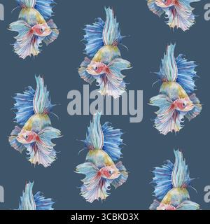 Nahtloses Muster mit kämpfenden siamesischen Aquariumfischen betta splendens strukturiert bemalten Aquarell auf staubblauem grünem Hand gezeichnetem Hintergrund Stockfoto