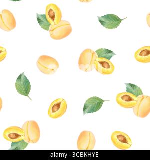 Nahtloses Aquarellmuster mit handgezeichneter Aprikose mit Blättern und halber Aprikose. Stockfoto