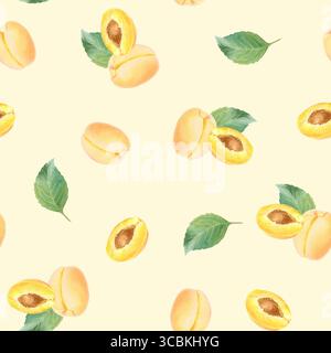 Nahtloses Aquarellmuster mit handgezeichneter Aprikose mit Blättern und halber Aprikose. Stockfoto