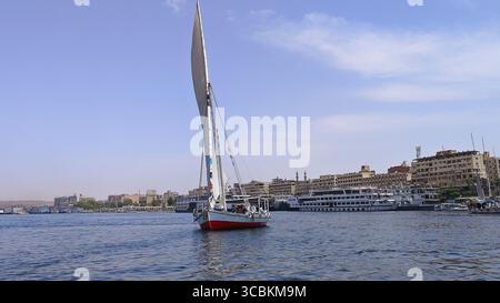 Felukensegeln auf dem nil in Assuan, Ägypten, mit Gebäuden entlang des Ufers Stockfoto