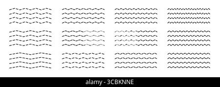 Squiggly-Zickzack-Vektor-Set mit Wellen-, Wackel- und Sinuskurven. Gewellte und gewellte Formen bilden künstlerische Trennwände oder Hintergründe mit einem verspielten Stock Vektor