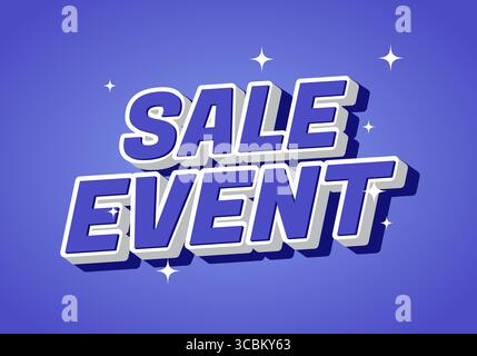 Eine lebendige Grafik, die das VERKAUFSEREIGNIS in kräftigen, dreidimensionalen Buchstaben vor einem violetten Hintergrund mit funkelnden Sternen zeigt. Stock Vektor