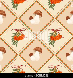 Herbstliches Flickwerk nahtloses Muster mit Vogelbeeren und Pilzen. Vektor-Illustration für Decke, Geschenkpapier, Textildesign Stock Vektor