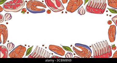 Rahmendesign mit flachem Stil von Fleisch, Lachsfisch, Knoblauch, Tomate, Pfeffer und Kräutern auf weißem Hintergrund. Perfekt für Flyer-Design und Lebensmittelgeschäfte Stock Vektor