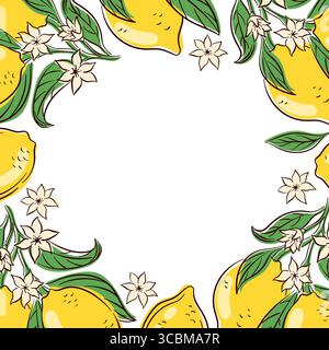 Zweigrahmen mit Zitronen-, Blatt- und Blütenblume in flachem Stil auf weißem Hintergrund. Design für Grußkarten, Flyer Banner. Stock Vektor