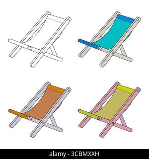 Illustration von bunten Stühlen auf dem Stranddeck. Eine lebendige Illustration mit vier zusammenklappbaren Liegestühlen in verschiedenen Farben. Stock Vektor