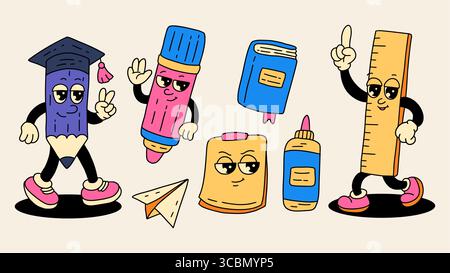 Zurück zur Schule Vintage Retro Mascot Charakter Bildung Zubehör Cartoon Vektor Set Schreibwaren - Bleistift Kleber Aufkleber Stock Vektor