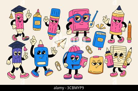 Zurück zur Schule Vintage Retro Mascot Charakter Bildung Zubehör Cartoon Vektor Set - Notizbuch Bleistift Kleber Schreibwaren Stock Vektor
