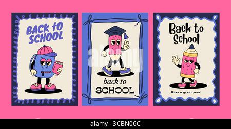 Zurück zur Schule Plakate Vintage Retro Mascot Charakter Bildung Funky Cartoon Vektor Poster Karte Banner Zubehör Schreibwaren Set Stock Vektor