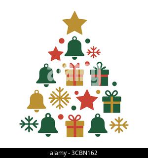 Flacher Vektor-Weihnachtsbaum aus Geschenkboxen, Schneeflocken, Glocken und Sternen in festlichen Farben Stock Vektor