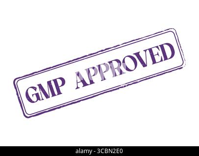 Ein violetter Stempel mit GMP-Zulassung aus Gummi mit gepunktetem Umriss und Text Stock Vektor