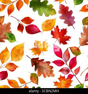 Vektor Aquarell nahtloses Muster mit Herbst mehrfarbiger Eiche, Ahorn, Eschenblätter. Handgemalte Pflanzendarstellung. Hintergrund der Herbstsaison. Stoff, wra Stock Vektor