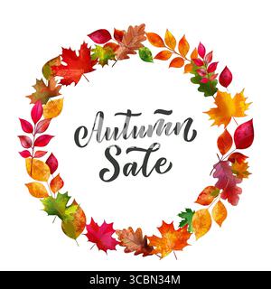 Runder Vektor-Rahmen mit Herbsteiche, Ahorn, Eschenblätter und Autumn Sale Schriftzug. Vektor Aquarell Kranz Illustration. Designelemente für saisonale Profis Stock Vektor