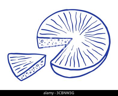 Handzeichnen Sie ganze Käse und Schnitt Vektor-Illustration. Natürliches Milchprodukt. Skizzenstil kritzeln Stock Vektor