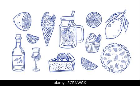 Hand gezeichnete Sommer Zitrone italienische Getränk und Lebensmittel Vektor Illustration. Set Zitronen, Lemoncello, Limonade, Eis, Kuchen, Kuchen im Doodle-Stil. Stock Vektor