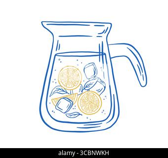 Hausgemachte Limonade mit Eis und Zitronenscheibe in der Kanne Vektor Illustration. Frisches Sommergetränk auf weißem Hintergrund. Stock Vektor
