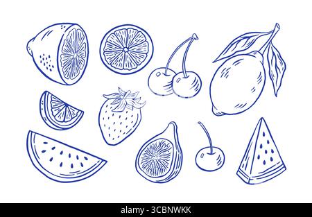 Hand zeichnen Bauernfrucht Vektor Illustration. Kritzeln Sie Wassermelonen, Erdbeeren, Feigen, Zitronen und Zitrussymbole. Veganes gesundes Essen Stock Vektor