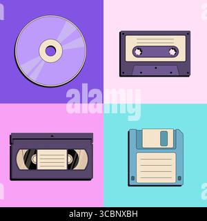 Retro-Diskette, CD, Vintage-Kassette, Symbole für Videoaufzeichnungen in flachem Stil isoliert auf farbigem Hintergrund. Zurück in die 90er Jahre Nostalgie für 1990er Jahre equ Stock Vektor