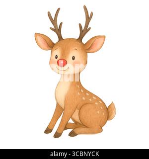 Aquarell Weihnachtsfiguren, süße Feiertagskinder und Tiere Illustration Stockfoto