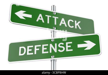 Grüne Richtungspfeile für Angriff und Verteidigung, Straßenschilder. 3D-Rendering isoliert auf weißem Hintergrund Stockfoto