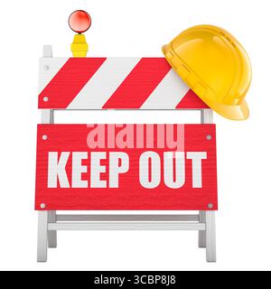 Fernhalten, Straßensperre mit Schutzhelm. 3D-Rendering isoliert auf weißem Hintergrund Stockfoto