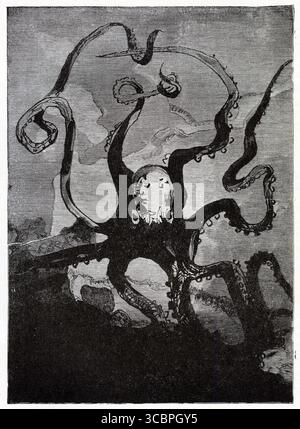 Illustration aus Victor Hugos Buch Toilers of the Sea, zeigt einen Tintenfisch mit der Überschrift „die doppelten Böden des Hindernisses“ Stockfoto