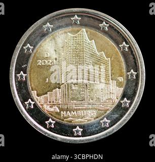 Deutsche 2-Euro-Münze mit der Elbphilharmonie Hamburg, Deutschland, Hamburg Stockfoto