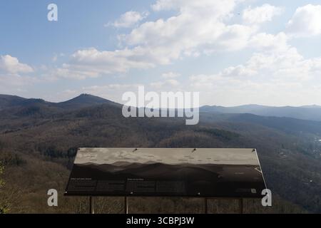 Blick vom Drachenfels über eine Orientierungskarte des Siebengebirges, Deutschland, Nordrhein-Westfalen Stockfoto
