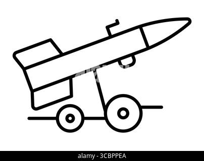 Eine minimalistische Linienzeichnung einer Rakete, die auf einem Trägerwagen montiert ist und für verschiedene Anschauungszwecke im Zusammenhang mit Militärtechnologie und Aerospa geeignet ist Stock Vektor
