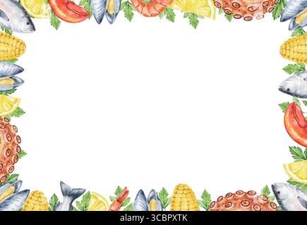 Vertikale Meeresfrüchte Aquarellrahmen mit Fisch, Hummer, Muscheln, Zitrone, Mais, Petersilie und Oktopustentakel. Ideal für Menüs, Einladungen, Verpackungen, p Stockfoto