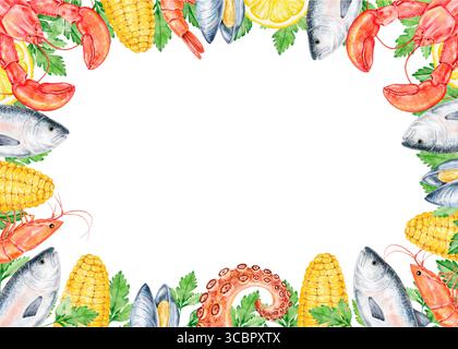 Farbenfrohe Meeresfrüchte-Aquarellrahmen mit Fisch, Hummer, Garnelen, Muscheln, Zitrone, Mais, Petersilie und Kraken-Tentakel auf weißem Hintergrund. Ideal für mich Stockfoto