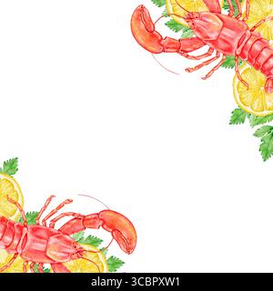 Meeresfrüchte-Eckkomposition in Aquarellen mit leuchtend roten Hummer, Zitronenscheiben und Petersilie auf weißem Hintergrund. Perfekt für Einladungen, Menüs, Packa Stockfoto