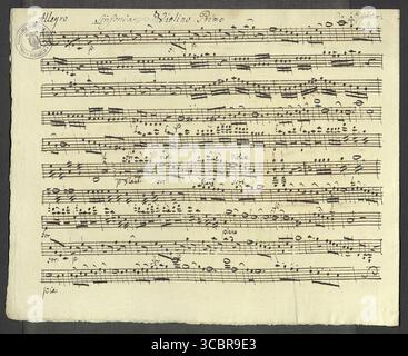 Historische Handschrift der ersten Violinstimme für Sinfonia C-Dur des Komponisten Andreas Piscator (1736–1804) vom 1. Januar 1770. Handgeschriebene Notenschrift auf gealtertem Papier. Stockfoto
