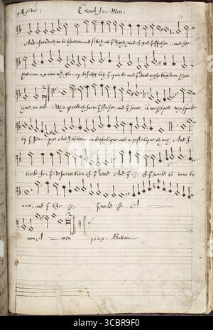 Historisches Manuskript des Creed for Men des englischen Komponisten Adrian Batten, datiert 1629. Handgeschriebene Chornotation und Texte in der eigenen Hand des Komponisten. Stockfoto