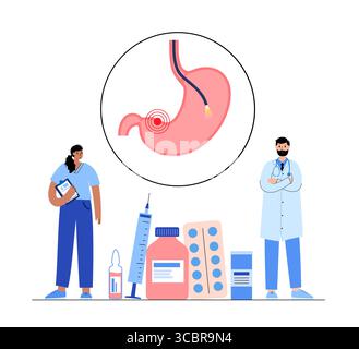 Abbildung einer Gastroskopie, auch als obere Endoskopie bezeichnet. Dies ist ein Verfahren, bei dem ein Endoskop durch den Mund eingeführt wird, um Ösophagus, Magen und Zwölffingerdarm zu untersuchen. Es hilft bei der Diagnose und Behandlung von Erkrankungen wie Geschwüren, Entzündungen oder Tumoren im oberen Verdauungstrakt. Stockfoto
